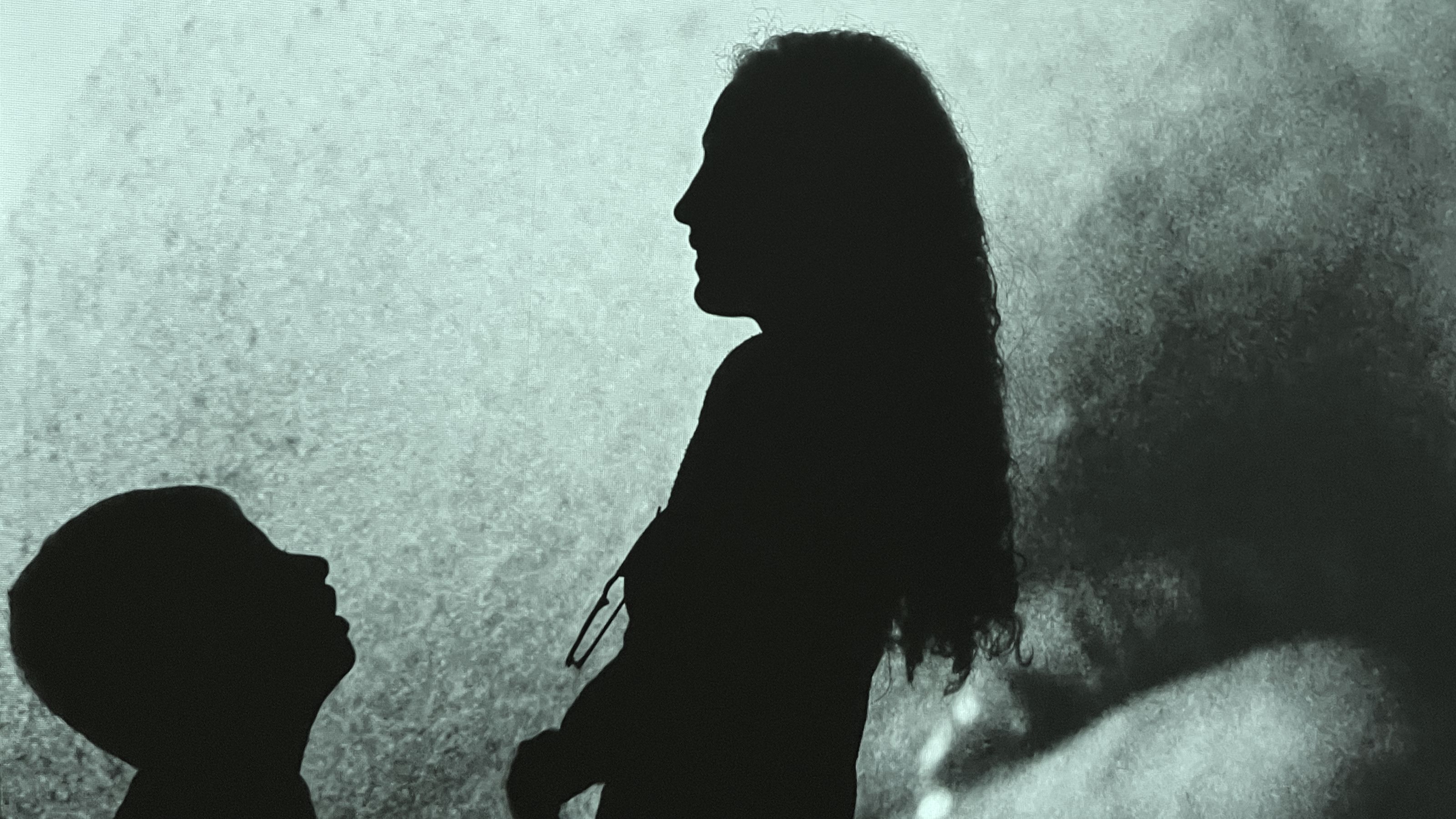 Silhouettes of two people in profile facing each other, set against a textured grayscale background. One figure appears shorter, looking up, while the taller figure looks down.